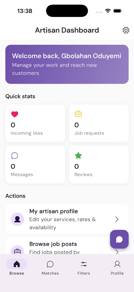 Artisan dashboard on TradeBridge